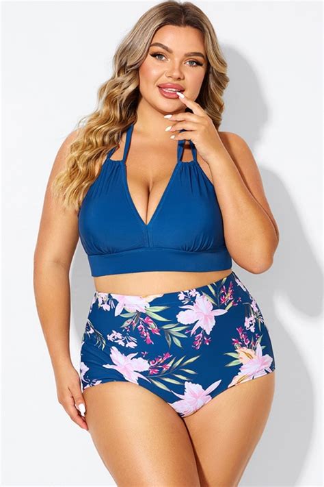 Navy V Neck Halter Tie Bikini Top Meet Curve
