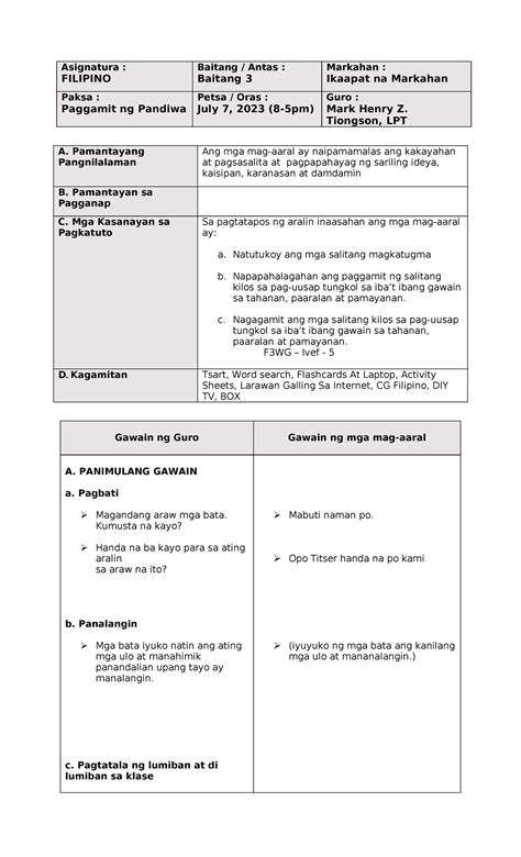 detailed lesson plan  filipino  paggamit ng pandiwa studocu
