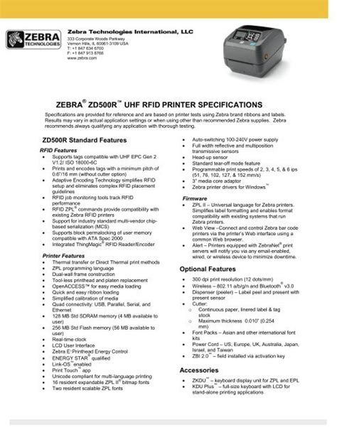 zebra zd500r uhf rfid printer specifications - Mobile ID Solutions