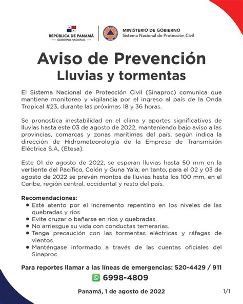 Aviso de Prevención lluvias y tormentas Sinaproc