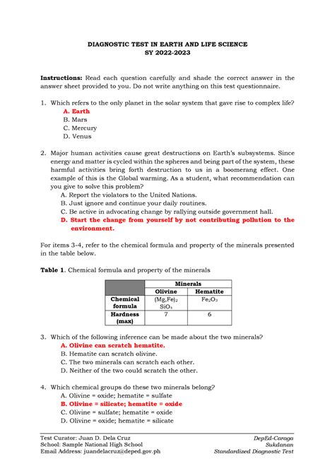 Answer Key Earth Life Science Test Curator Juan D Dela Cruz School