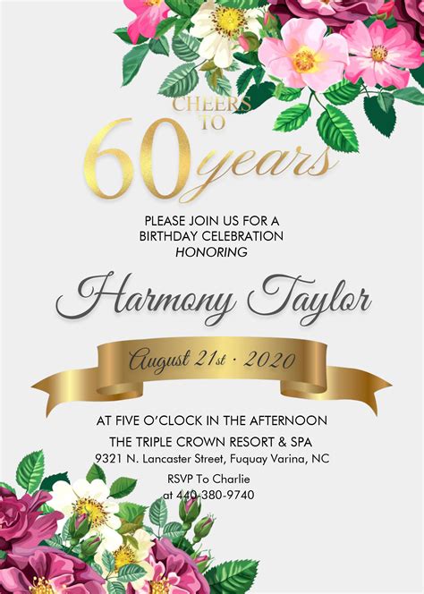 Nice Floral 60th Birthday Invitation Templates Editable With Ms Word