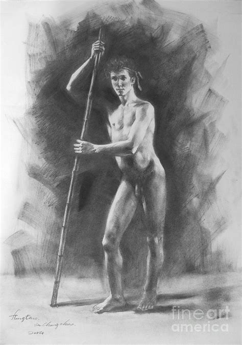 Original Drawing Sketch Charcoal Chalk Male Nude Gay Man Standing Art Pencil On Paper By Hongtao