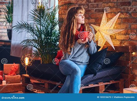 Redhead Female Drinks A Hot Coffee In A Living Room Stock Image Image Of Decoration Merry