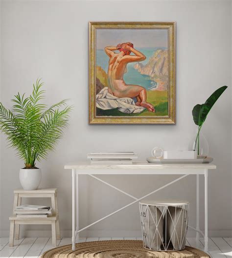 Raymond Moritz A Liberated Lady On The Cliffs Nude Sunbathing Framed S French Oil Painting