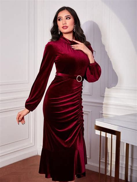 Shein Modely Ruched Front Mermaid Hem Belted Velvet Dress Shein Usa