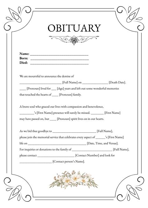 Free Fill In The Blank Obituary Template To Edit Online
