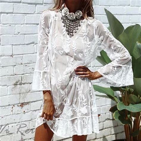 Women Lace Crochet Bikini Cover Up Beachwear Transparent O Neck Swimwear Cover Up Lady Bathing