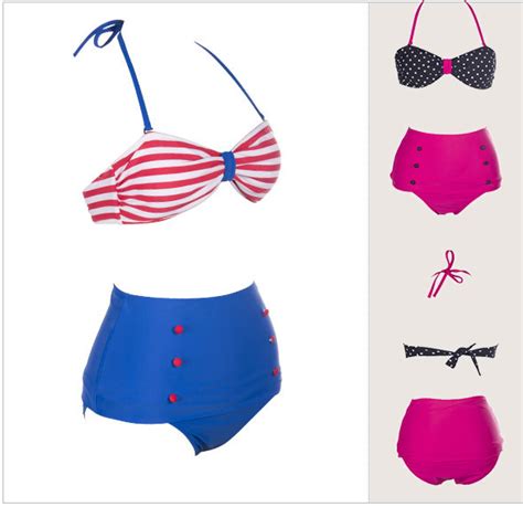 Women S Retro Vintage Swimsuits Swimwear Bandeau High Waisted Bikini Set On Luulla