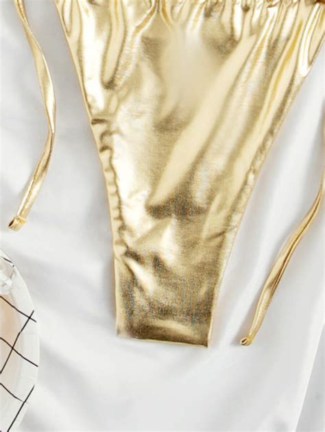 Shein Swim Summer Beach Metallic Bikini Set Halter Micro Triangle Bra Tie Side Thong Pieces