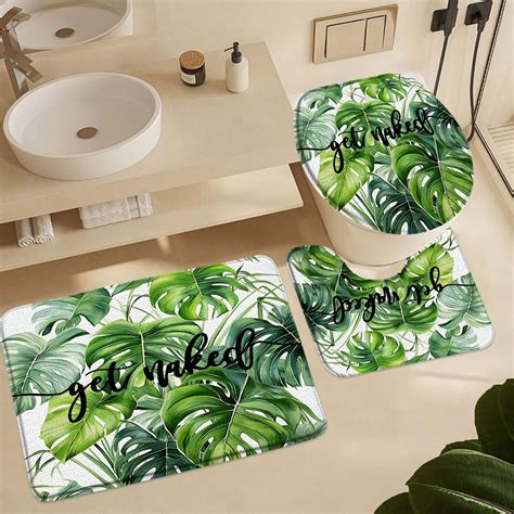 Alfombra de baño con plantas tropicales verdes Get Naked Palm Leaf Cute Quotes Watercolor