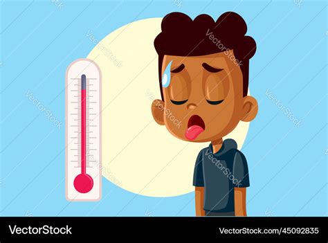 Overwhelmed Boy Feeling Hot Next To A Thermometer Vector Image