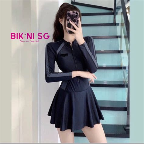 Đồ bơi dài tay nữ bigsize Bikini SG bodysuit 1 mảnh liền thân váy quần đùi kín đáo mẫu mới Hàn