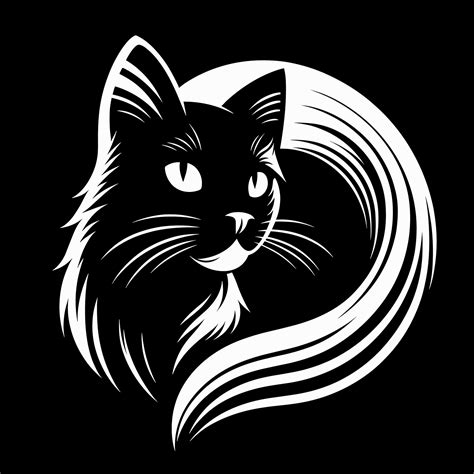 Elegant Black and White Illustration of a Majestic Long-Haired Cat With