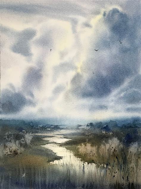 Field And Clouds Watercolour By Eugenia Gorbacheva