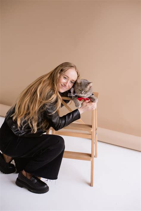 Woman Blonde With Scottish Straight Cat At Studio Stock Photo Image Of Style Sitting 320915830