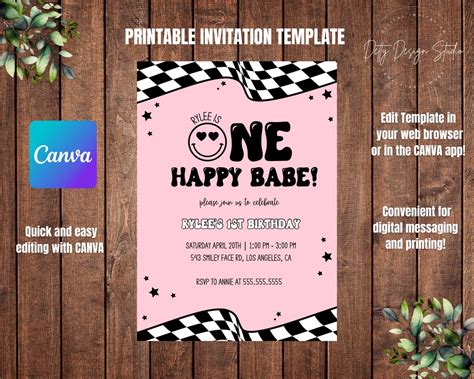 One Happy Babe Birthday Party Invitation First Birthday Editable Birthday Invitation CANVA