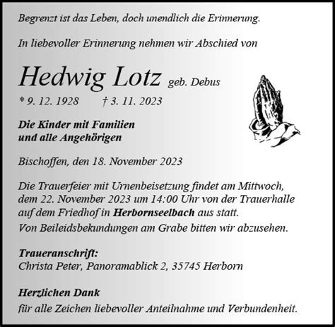 Traueranzeigen Von Hedwig Lotz Vrm Trauer De