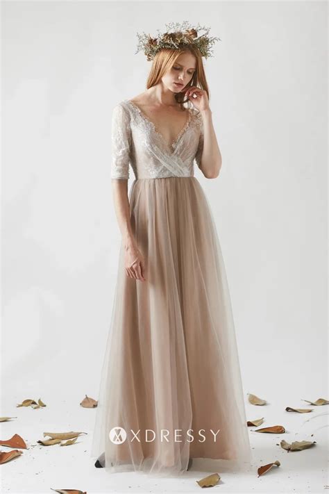 White Lace Nude Satin And Tulle Overlay Bridesmaid Gown Xdressy