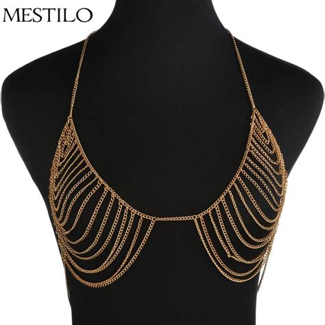 European Gold Color Sexy Metal Body Chain Breast Bra Hollow Summer Beach Bra Bikini Chains For