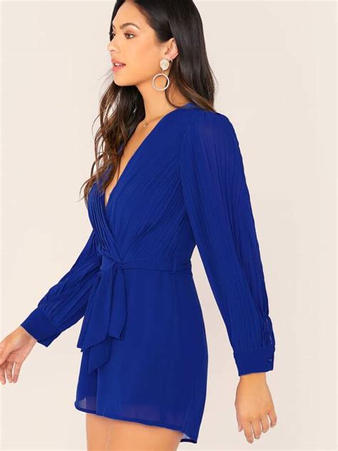 Shein Clasi Plunge Neck Pleated Lantern Sleeve Self Belted Romper