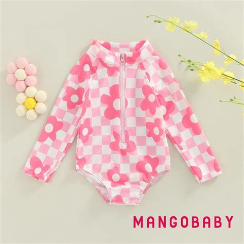 MG Baby Girls One Piece Swimsuit Infant Floral Print Plaid Long Sleeve Rush Guard Bikini Zipper