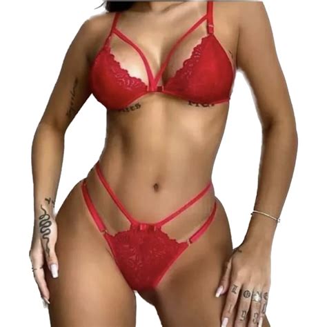 Conjunto de Lingerie Sexy Renda Calcinha Fio Dental Regulagem Sutiã s bojo Corre Que Ta