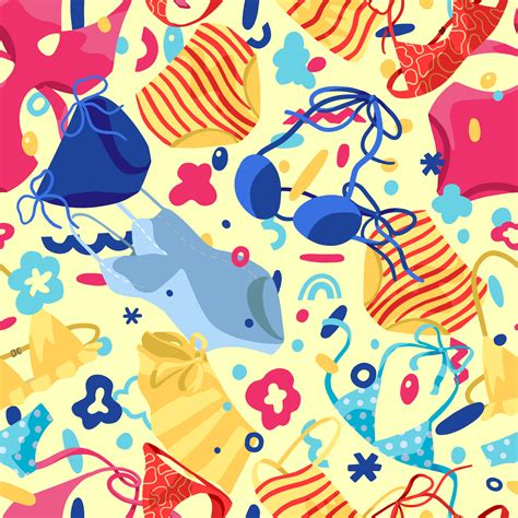 Womens Swimsuits Bikini One Piece Swimwear Hand Drawn Vector Seamless Pattern Colorful