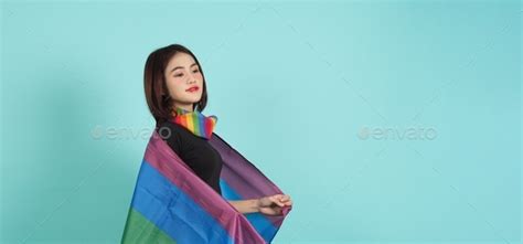 LGBTQ Girl And Pride Flag Sexy Lesbian Girl And LGBTQ Flag Standing