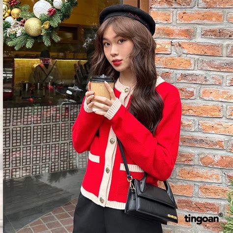TINGOAN Áo len xù cardigan 4 túi đỏ viền nude JENNIFER CARDIGAN DR Shopee Việt Nam