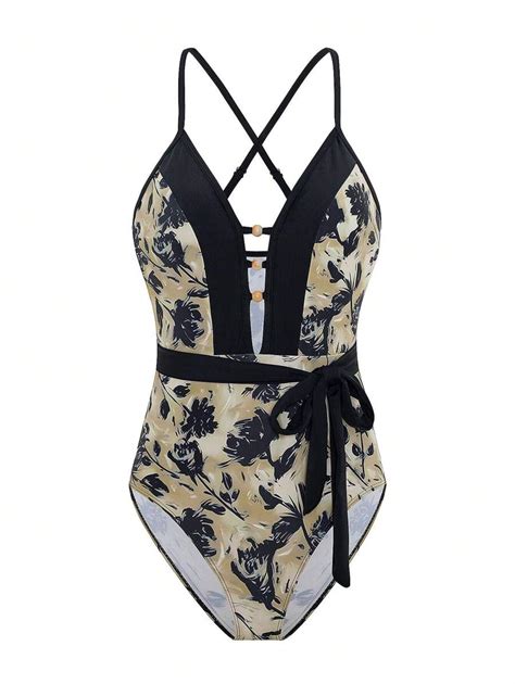 Maiô Maiô Bikini Decote em V Profundo Sexy Impressão de Flor de Rosa Novidade SHEIN