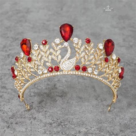 Luxurious Swan Gold Alloy Red Crystal Wedding Bridal Tiara Crown