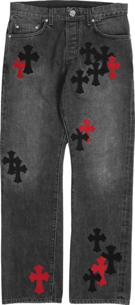 Chrome Hearts Faded Black Jeans With Black Red Cross Patches Inc Style