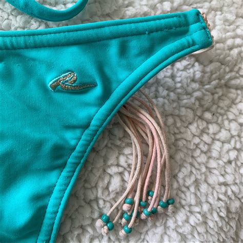 Aqua Blue String Bikini Set W Crochet Detailing Gem