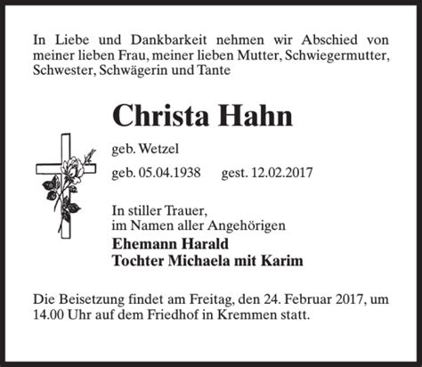 Traueranzeigen Von Christa Hahn Trauer Anzeigen De