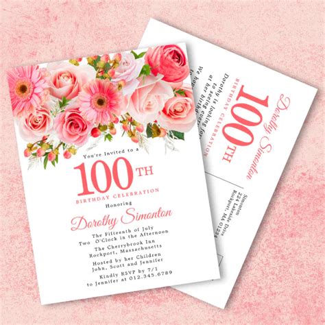 Elegant Pink Floral 100th Birthday Invitation Postcard Zazzle