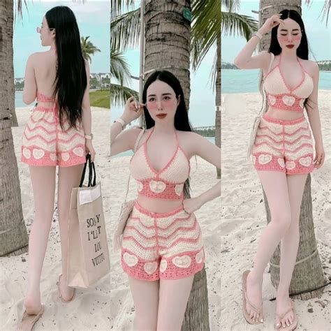 94 CÓ SẴN Set đồ bơi bikini len móc 2 món gồm áo bra sắc màu quần sóc cạp chun 1 lớp QC