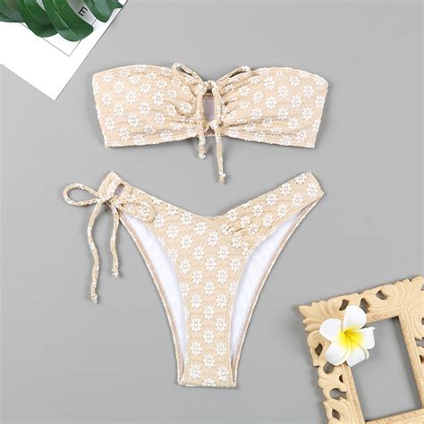 Utsjkr Women S Floral Jacquard Bandeau Bikini Set Drawstring Tie High Cut Bikini Swimsuit Bikini