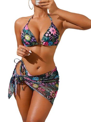 Strój Kąpielowy 3 Częściowy W Kwiaty Komplet Bikini Spódniczka Kolorowy L Inna marka Moda