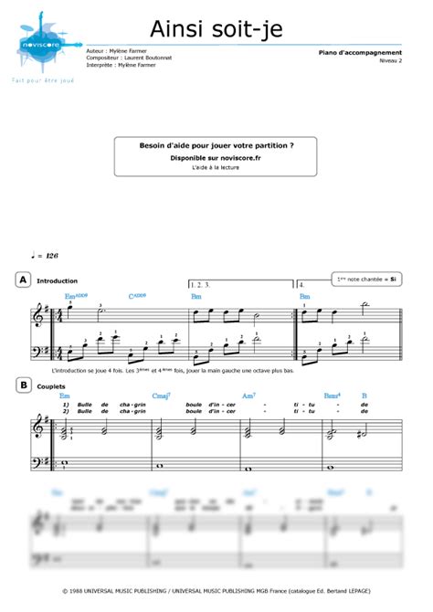 Piano sheet music Ainsi soit je Mylène Farmer Noviscore sheets