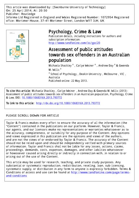 Pdf Assessment Of Public Attitudes Towards Sex Offenders In An Australian Population