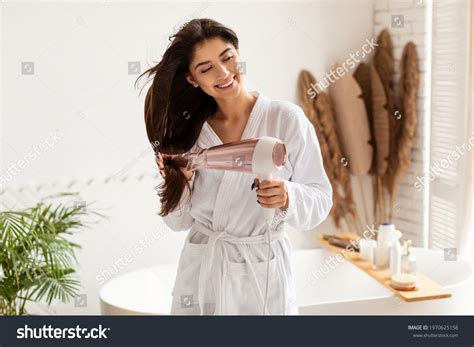 Cheerful Brunette Lady Drying Hair Blowdryer Stock Photo Shutterstock