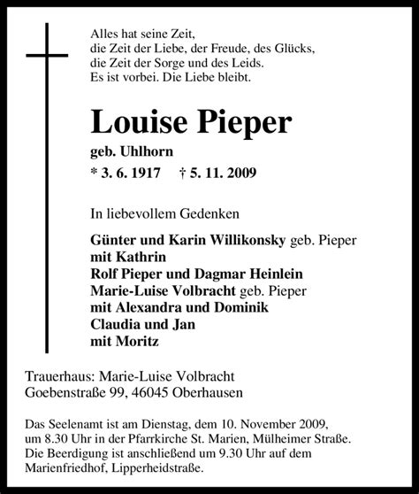 Traueranzeigen Von Louise Pieper Trauer In Nrw De