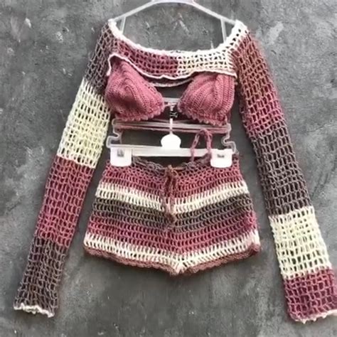 Beach Festival Outfit Crochet Piece Bikini Set Bra Shorts And Long Sleeve Crop Top Color Block