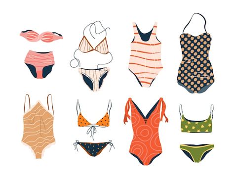 Premium Vector Set Of Swimwear Swimsuits Casual Bikini And Bras Beachwear For Women Hand Drawn