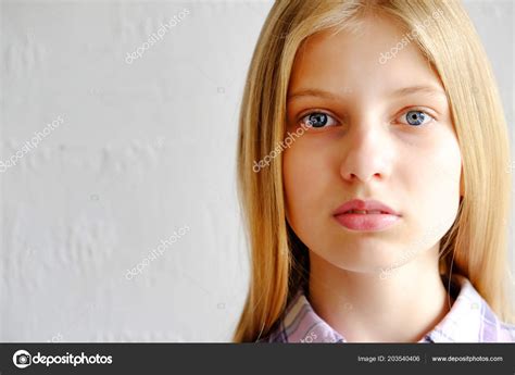 Headshot Beautiful Teenage Girl Blonde Straight Hair Blue Eyes Looking Stock Photo Evrmmnt