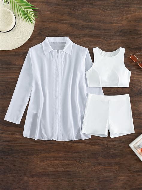 Shein Swim Basics Ribbed Bikini Set Tank Top Boxer Shorts Cover Up Shirt Piece Bathing