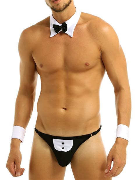Sexy Mens Waiter Lingerie Set T Back Tuxedo Costume G String Thong Jockstraps Gay Male Underwear