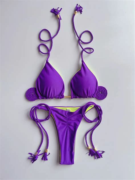 Ruotonsept Sexy Solid Color Braiding Rope Bikini Set Women Swimsuit Two