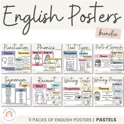 English Posters Bundle Pastels Muted Rainbow Classroom Decor Miss Jacobs Little Learners